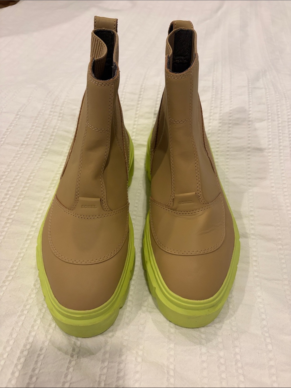 Sorel Women's Tan Leather Chelsea Boot with Neon Yellow-Green Sole
